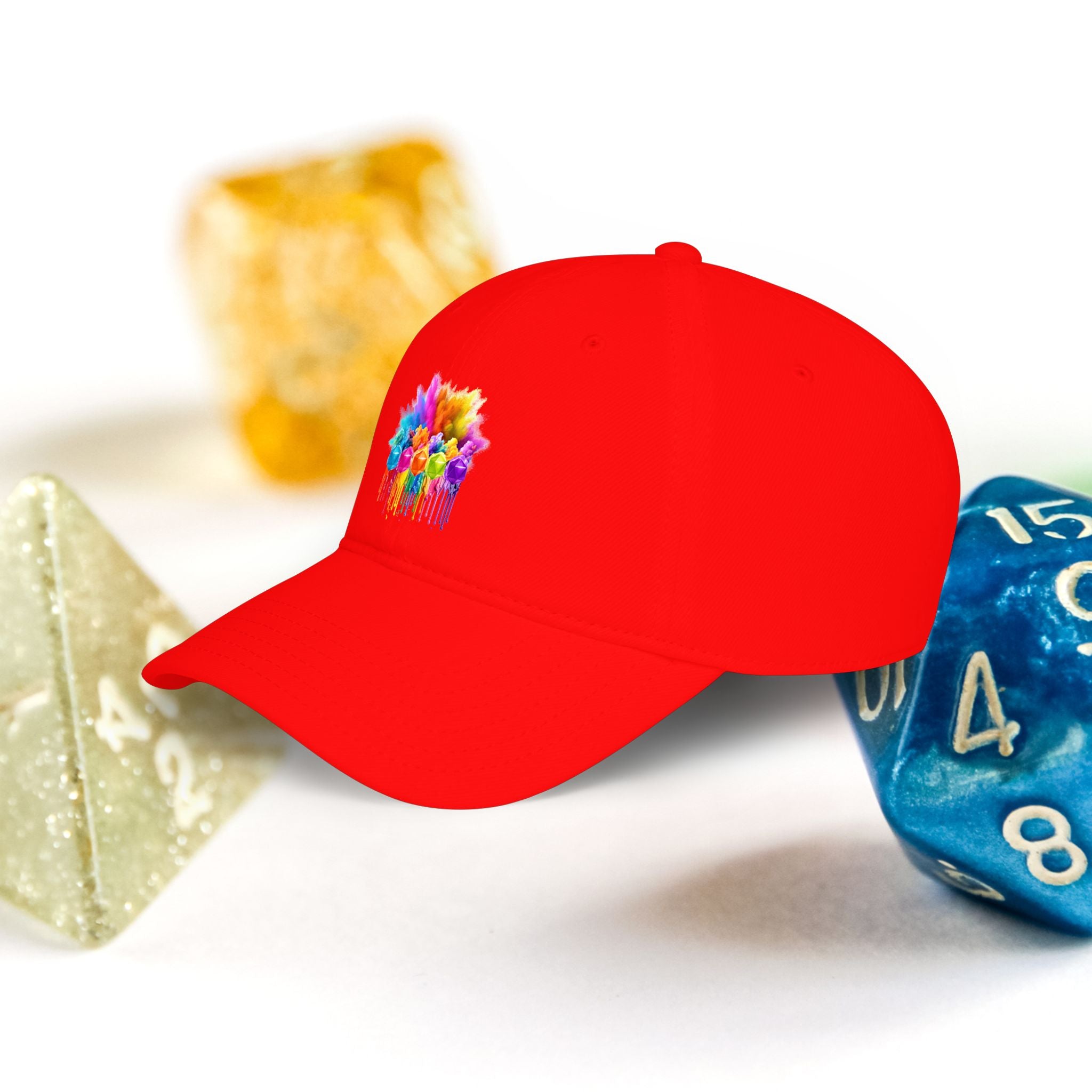 Colorful D20 Baseball Cap — Vibrant Dice Paint Splash Low-Profile Hat