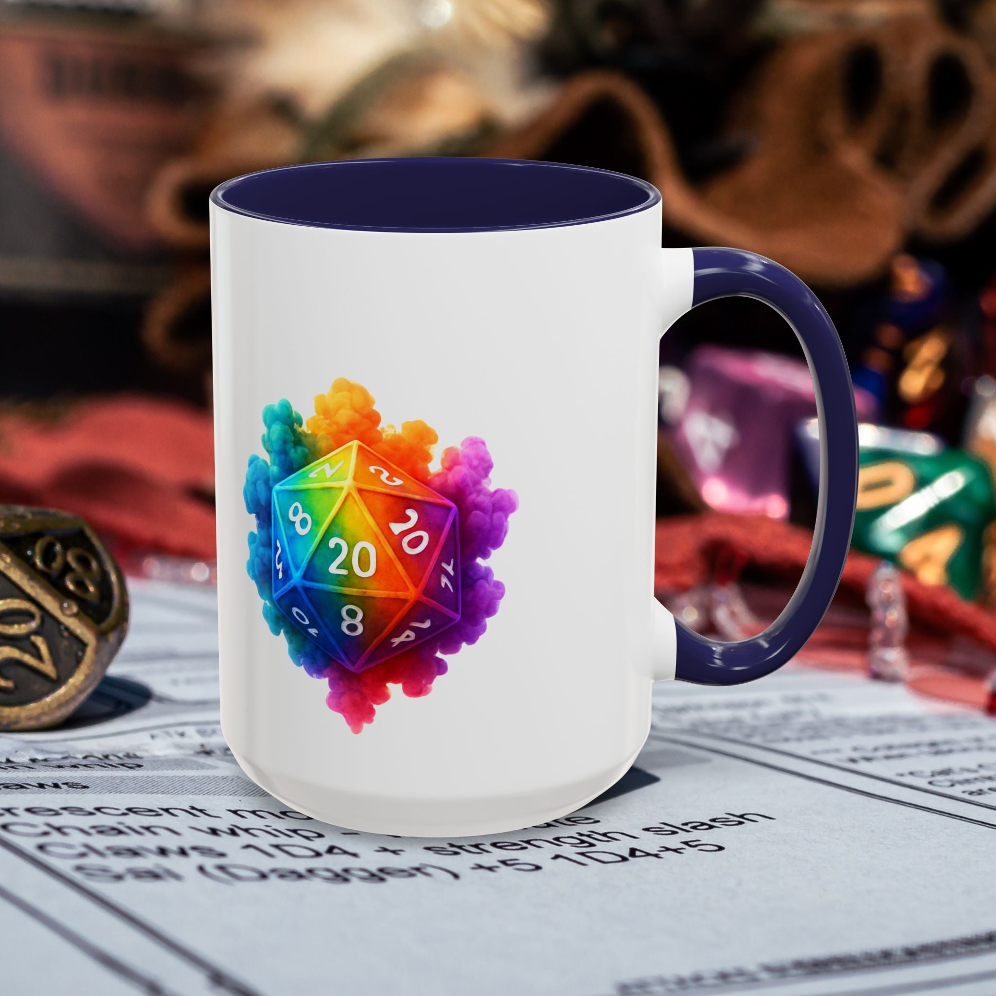 D20 Rainbow Dice Coffee Mug — Colorful Tabletop RPG Gamer Mug (15 oz)