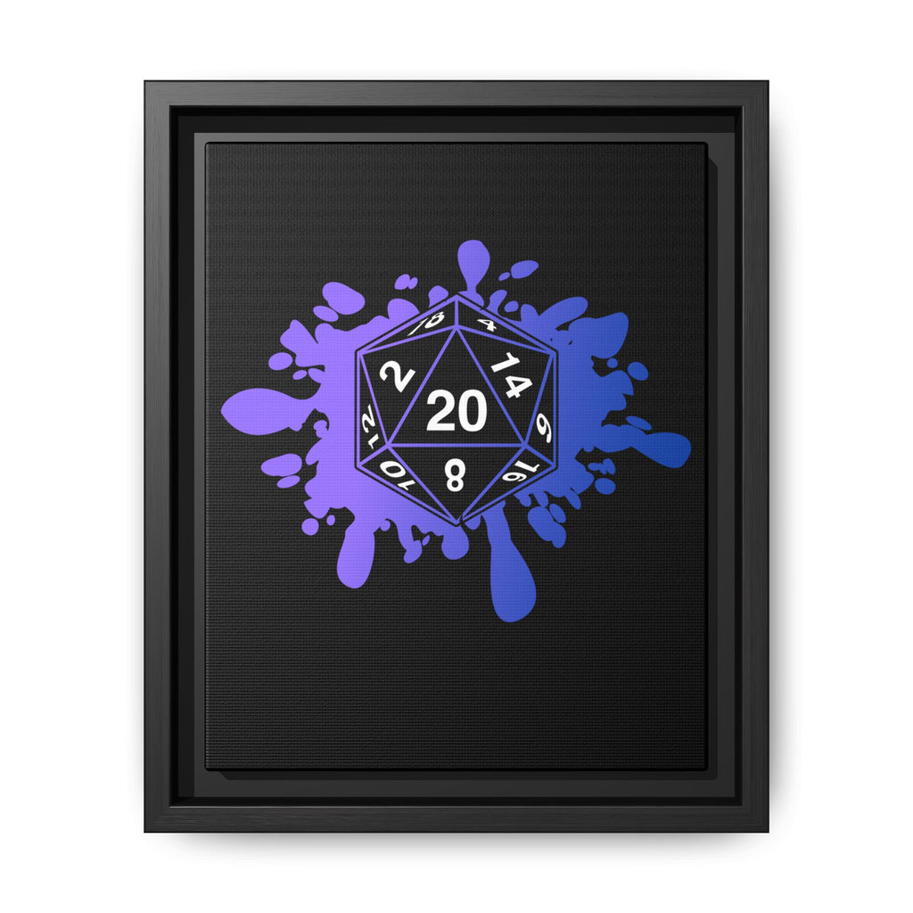 D20 Splash Matte Canvas Framed Wall Art — Purple Blue Tabletop RPG Decor