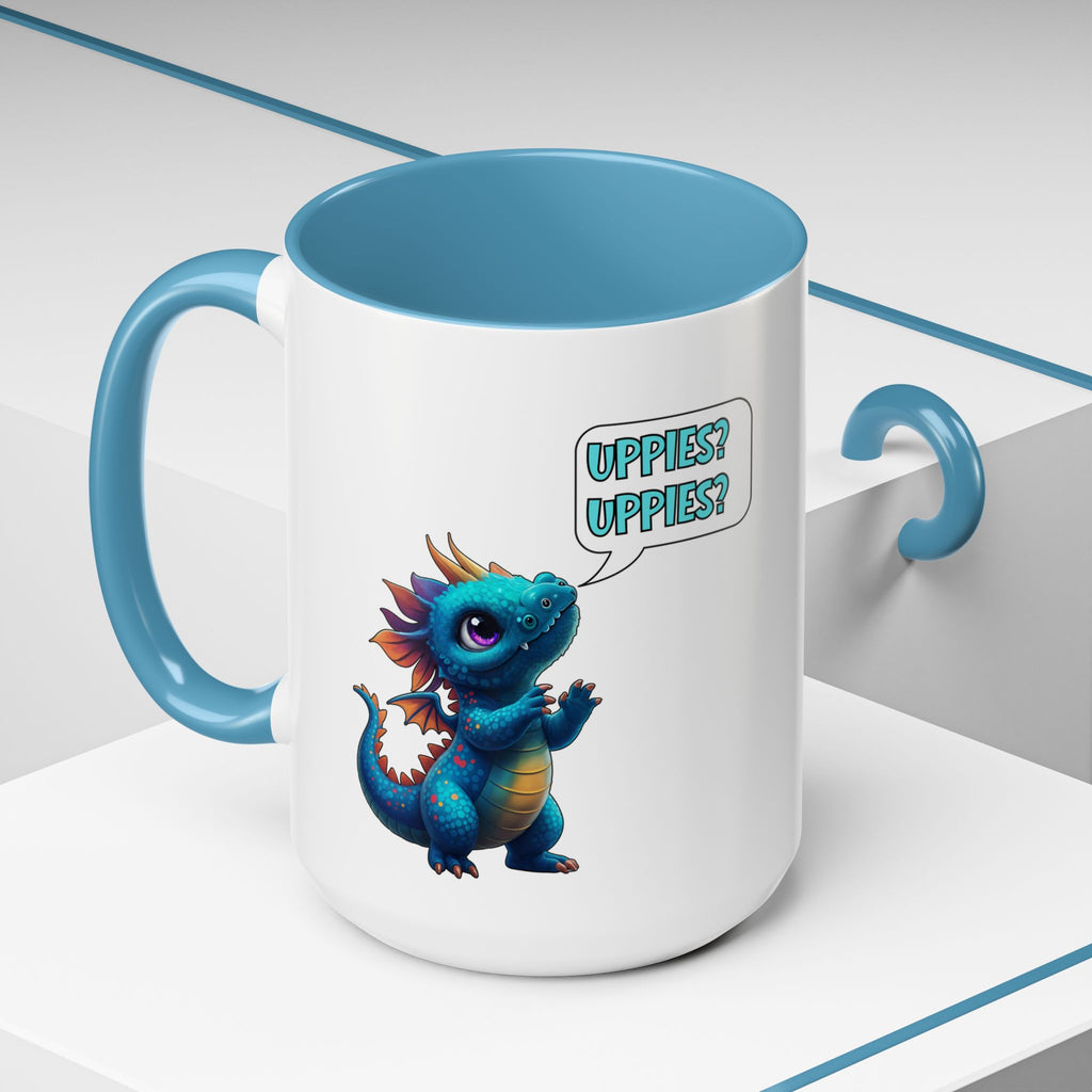 Dragon Coffee Mug - Cute Blue Dragon Saying 'Uppies? Uppies?' - Fantasy D20 Gamer Gift (15oz)
