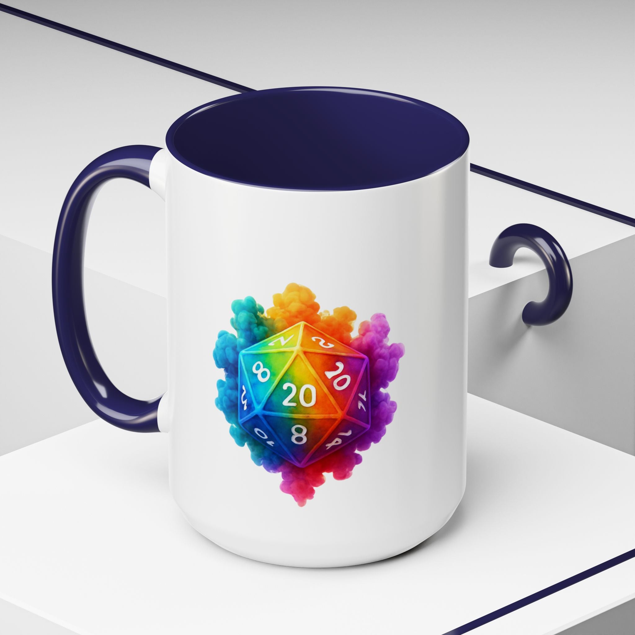 D20 Rainbow Dice Coffee Mug — Colorful Tabletop RPG Gamer Mug (15 oz)