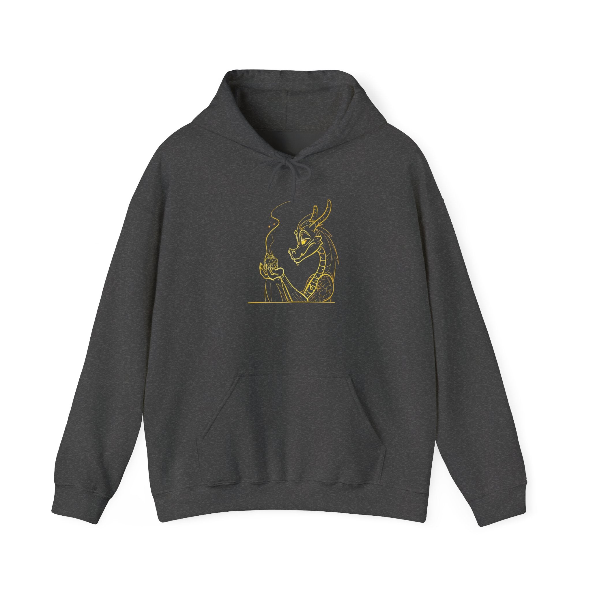 Dragon Holding D20 Hoodie — Gold Line Art Graphic Sweatshirt