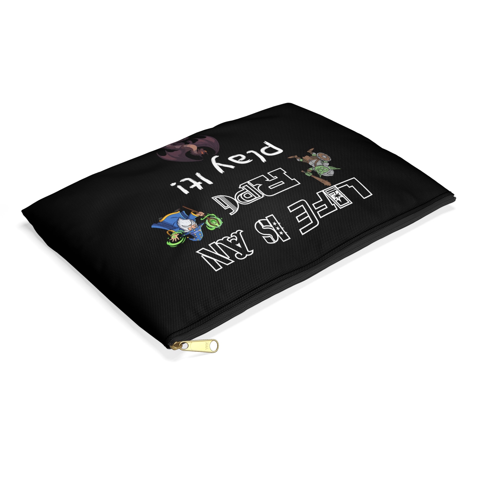 Dice/Mini's Bag — "Life Is an RPG, Play It!" Gamer Dice & Fantasy Character Storage Bag