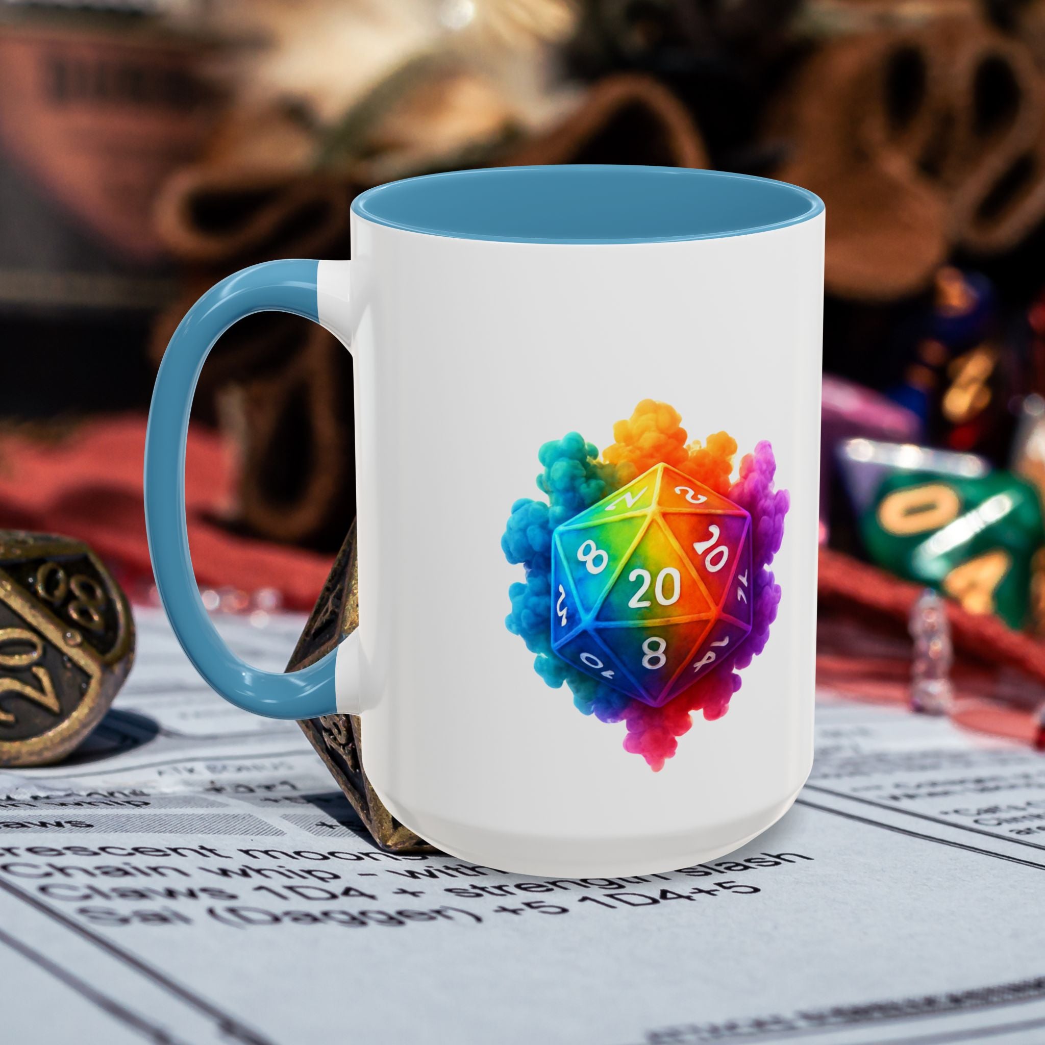 D20 Rainbow Dice Coffee Mug — Colorful Tabletop RPG Gamer Mug (15 oz)