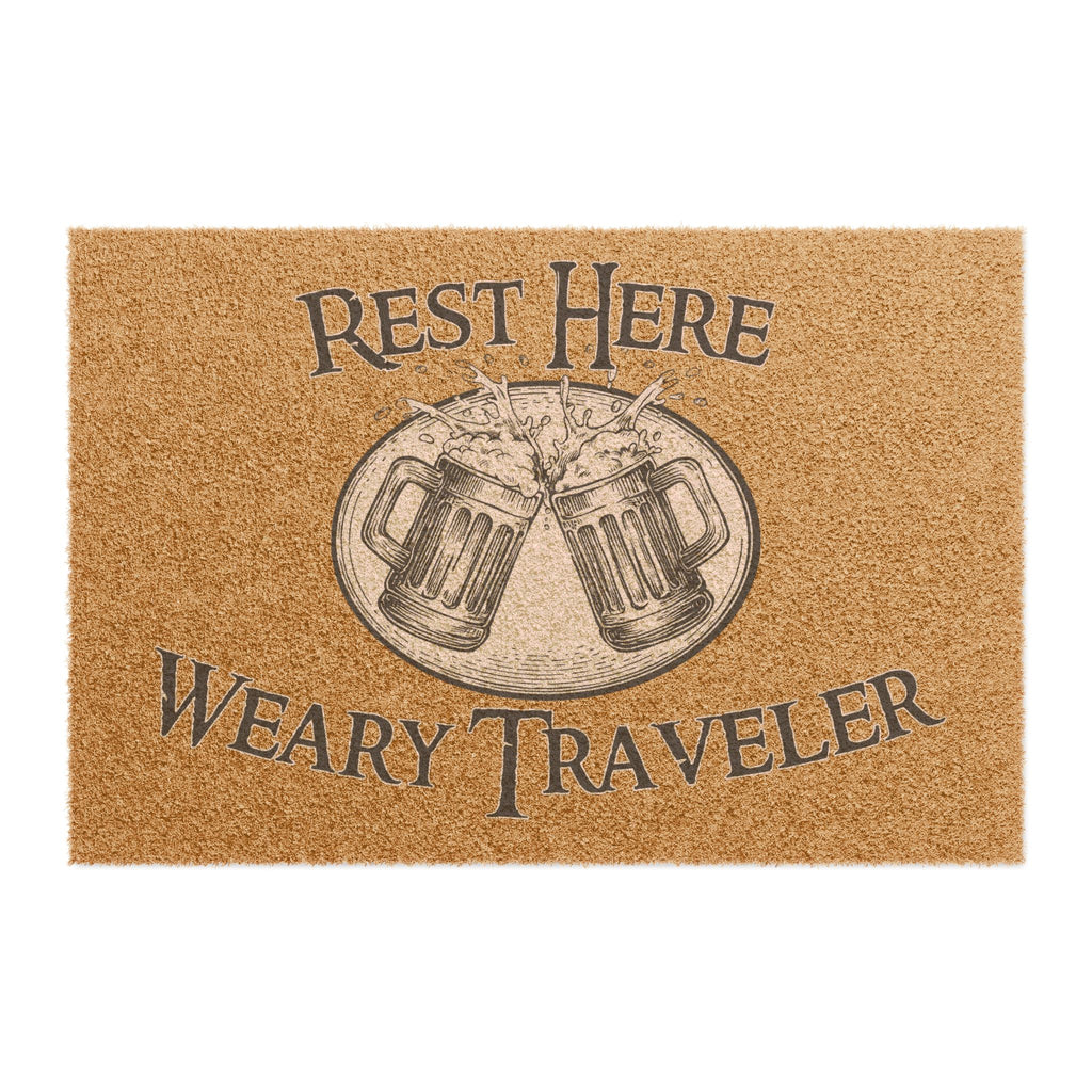 Doormat — "Rest Here Weary Traveler" Rustic Beer Mug Welcome Mat