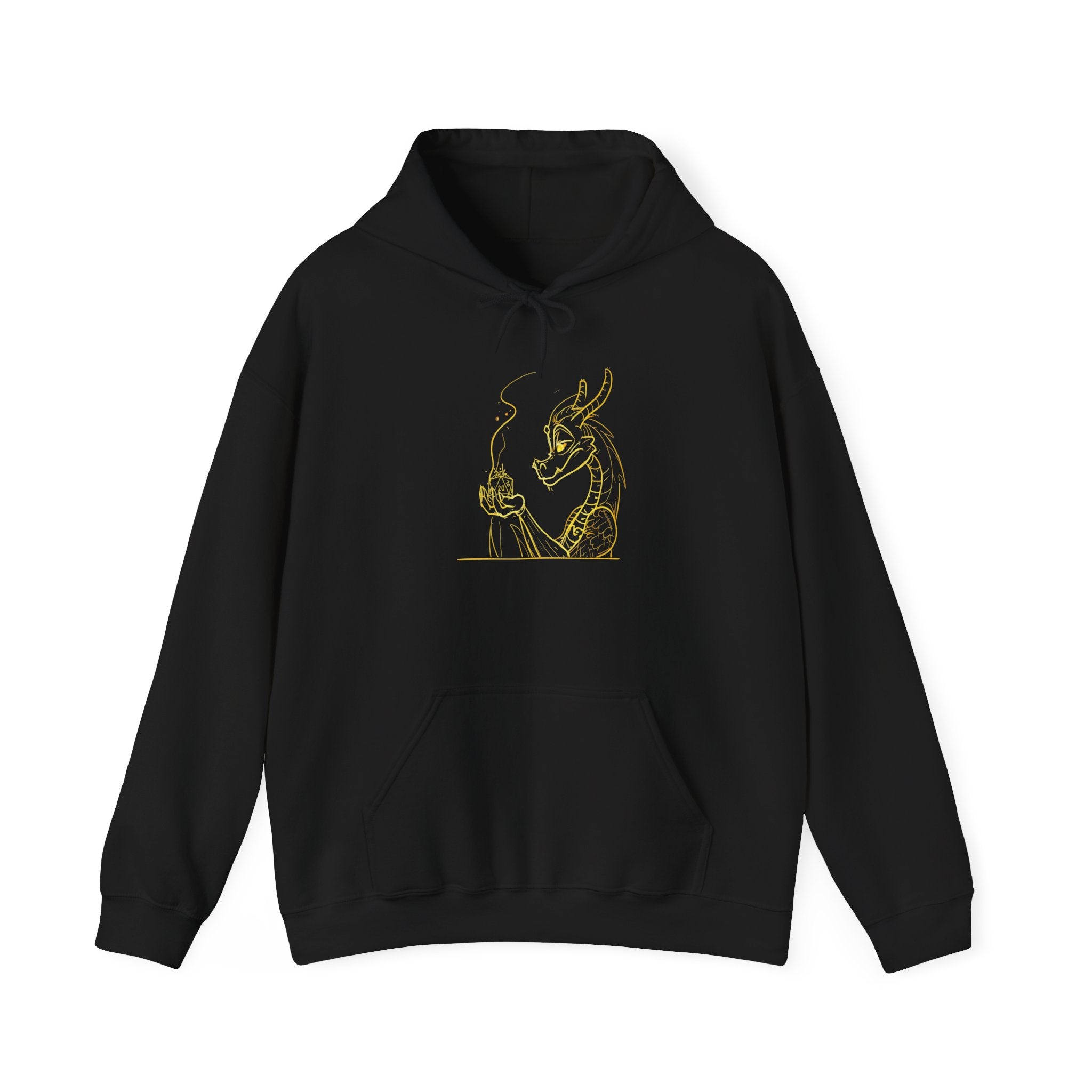 Dragon Holding D20 Hoodie — Gold Line Art Graphic Sweatshirt