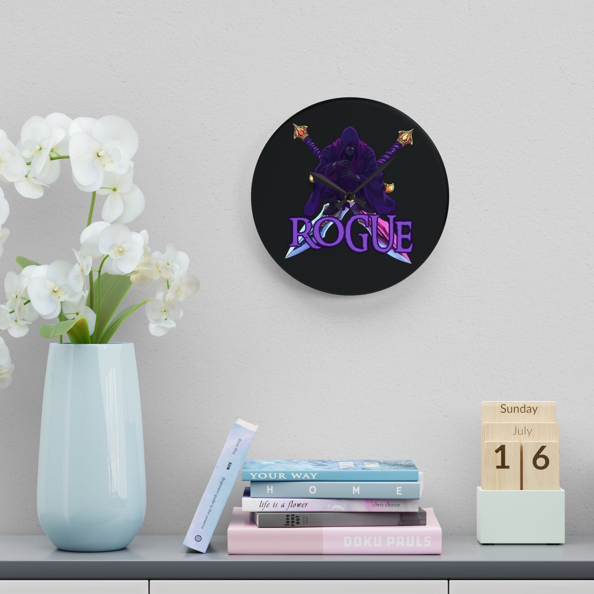 Rogue Acrylic Wall Clock — RPG Gamer Clock with Purple Rogue Design