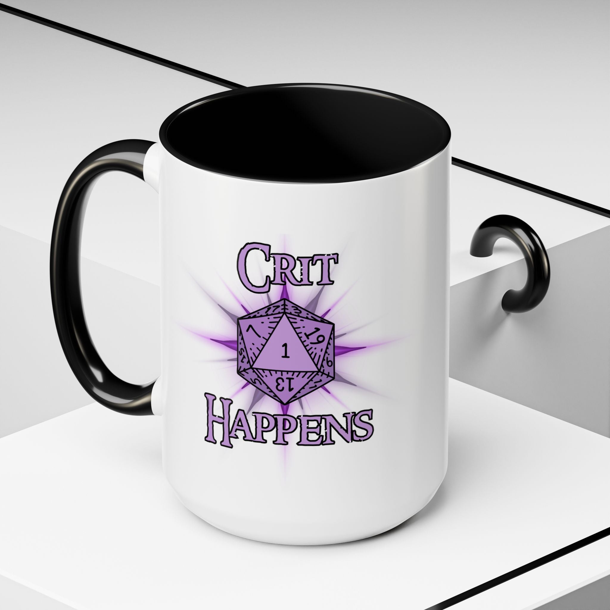 Crit Happens Coffee Mug — RPG D20 Dice Gift (15oz)