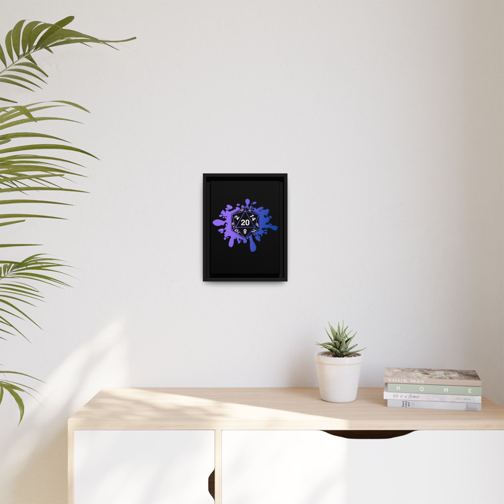 D20 Splash Matte Canvas Framed Wall Art — Purple Blue Tabletop RPG Decor