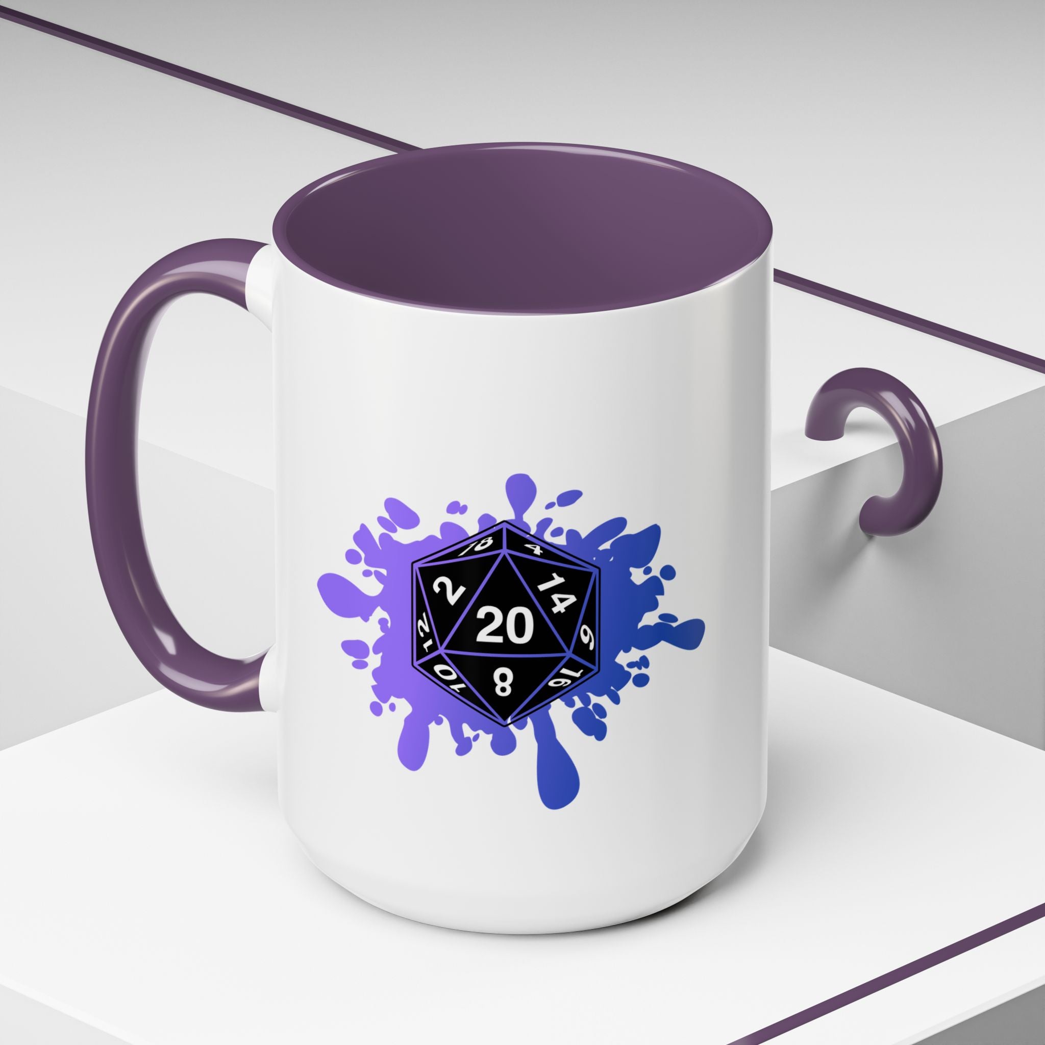 D20 Splash Coffee Mug — Gamer Dice 15oz Accent Mug