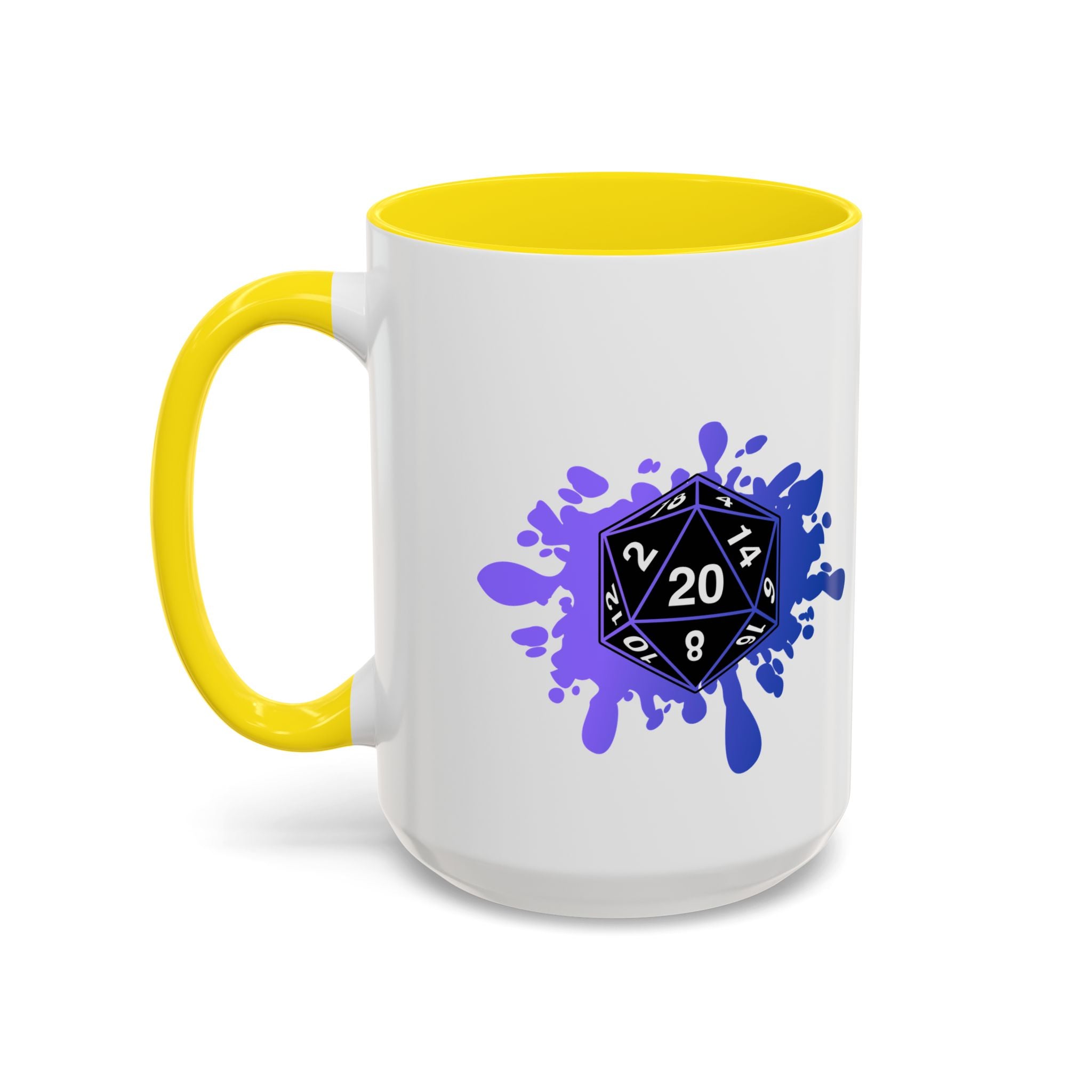 D20 Splash Coffee Mug — Gamer Dice 15oz Accent Mug