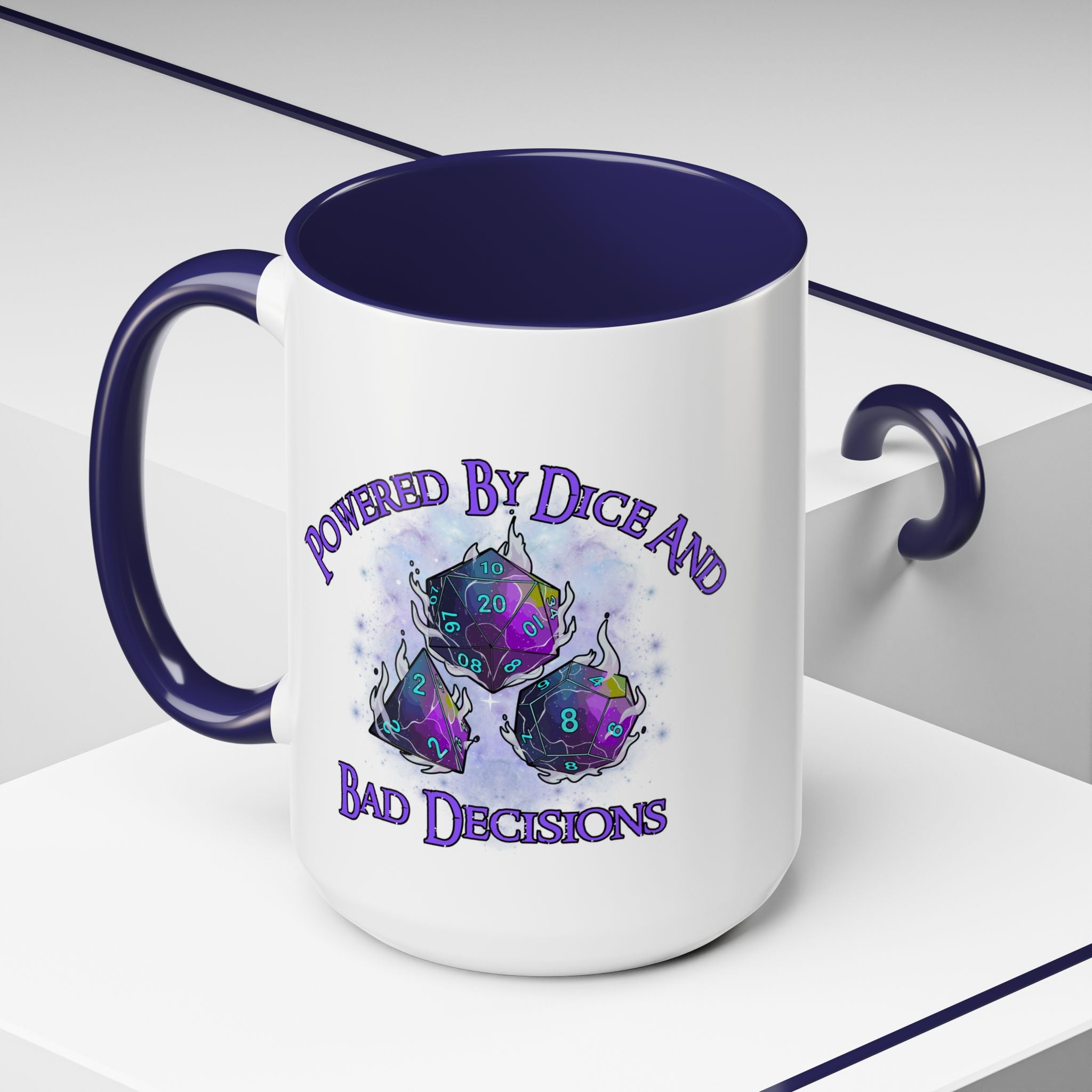 Powered by Dice Coffee Mug — "Powered by Dice and Bad Decisions" RPG Gamer Mug