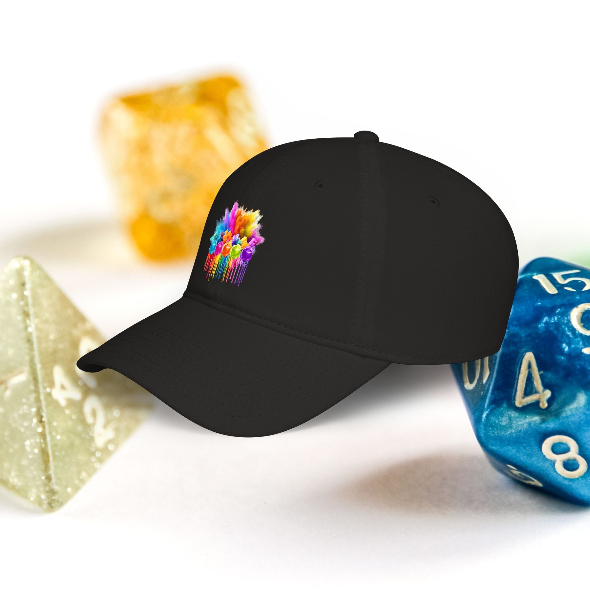 Colorful D20 Baseball Cap — Vibrant Dice Paint Splash Low-Profile Hat
