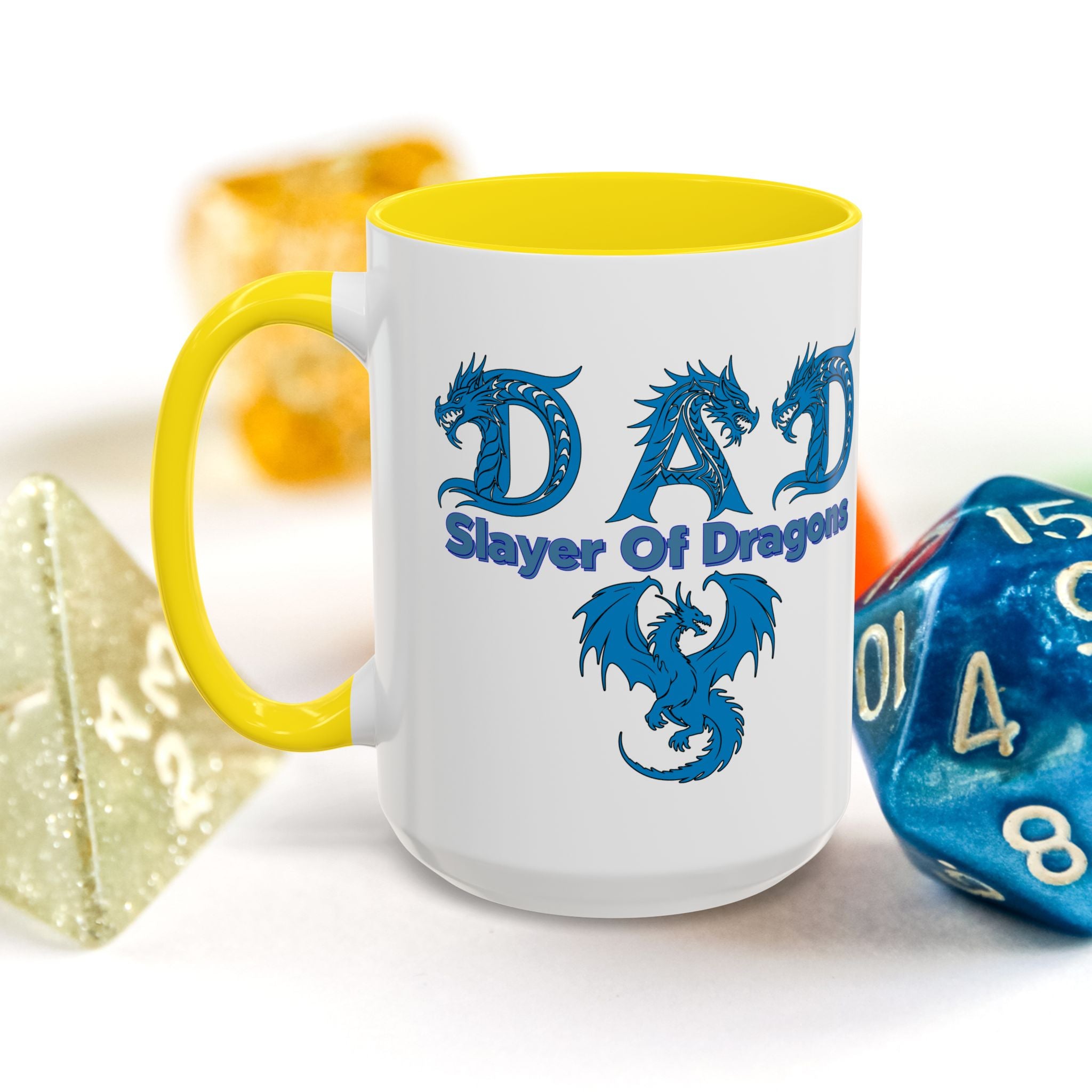 Dad Slayer of Dragons Accent Coffee Mug — Fantasy Dungeons & Dragons Gift