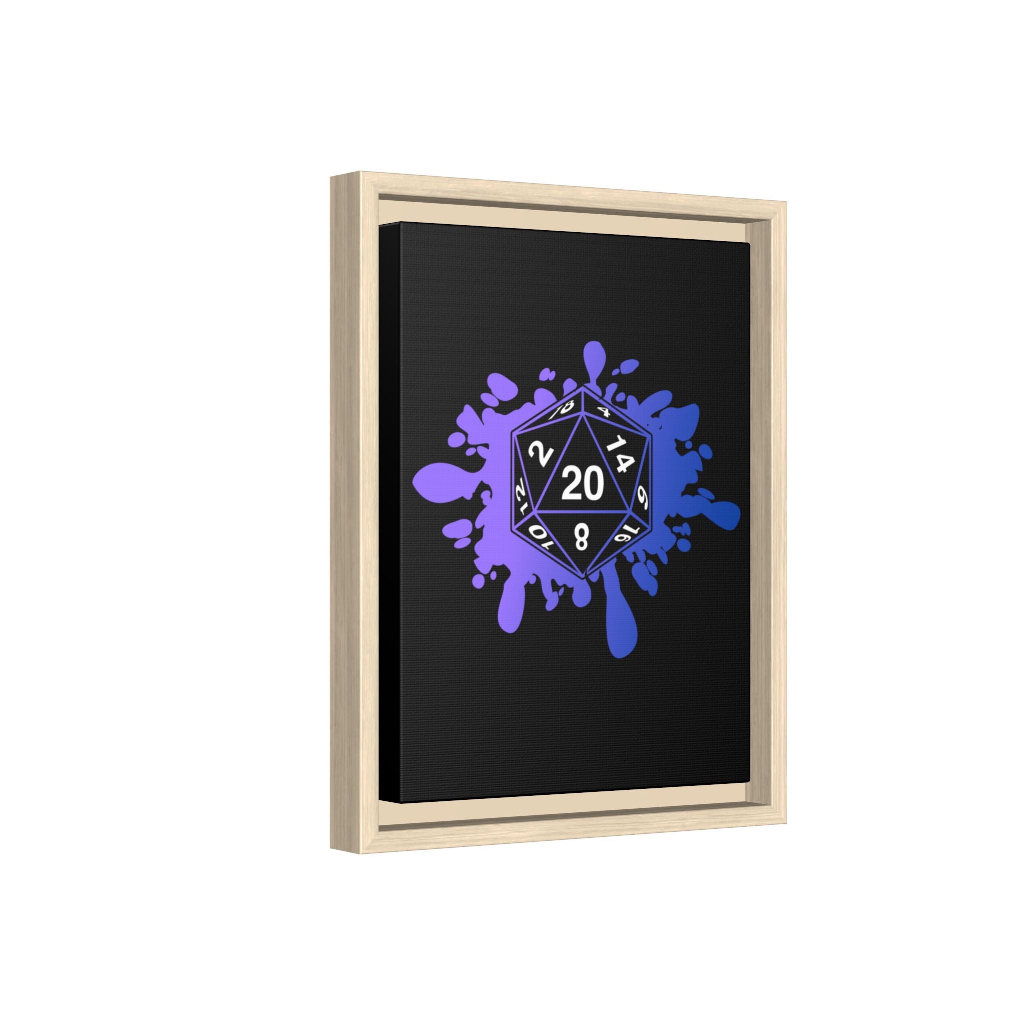 D20 Splash Matte Canvas Framed Wall Art — Purple Blue Tabletop RPG Decor