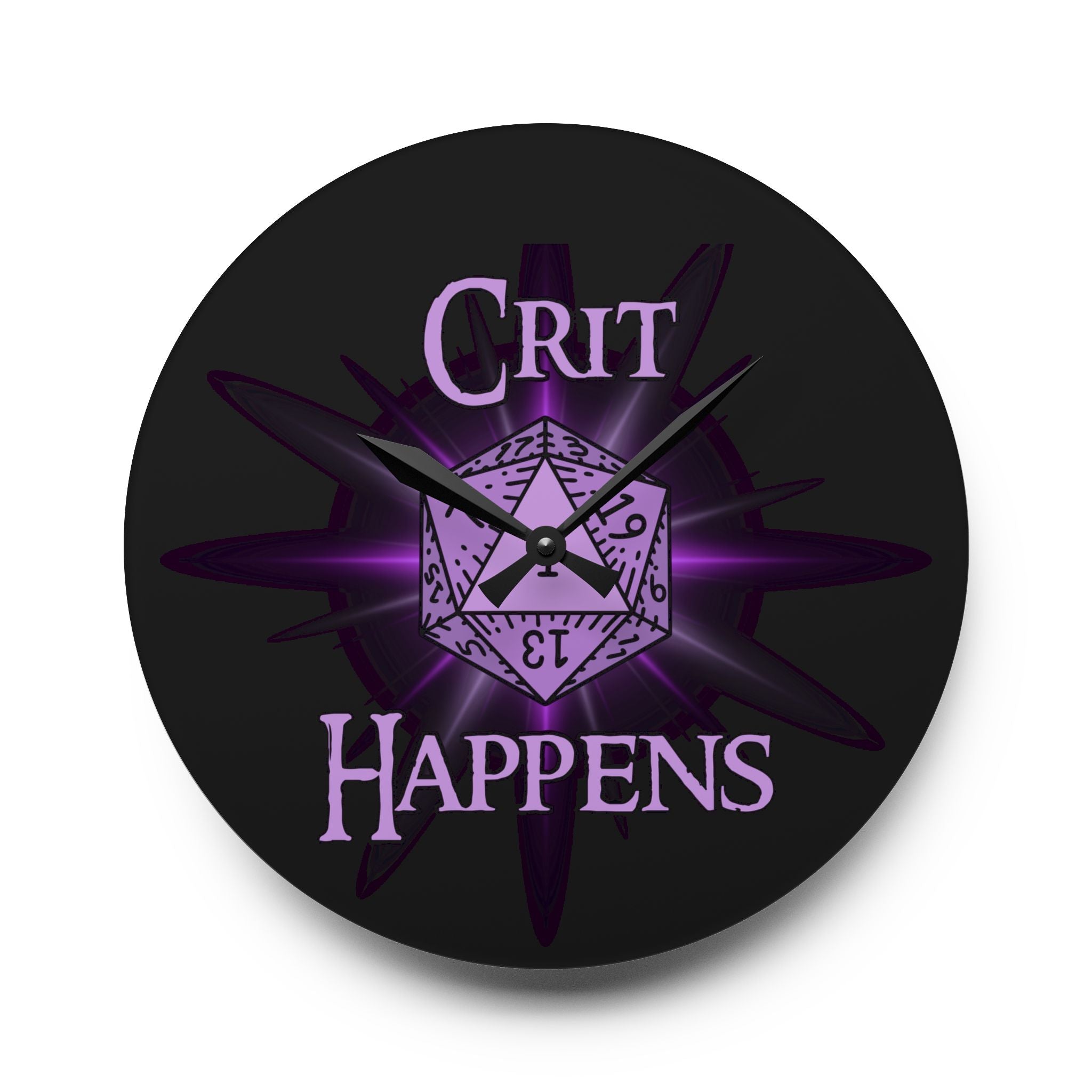 Acrylic Wall Clock — “Crit Happens” D20 Gamer Wall Clock (Purple Fantasy RPG Decor)