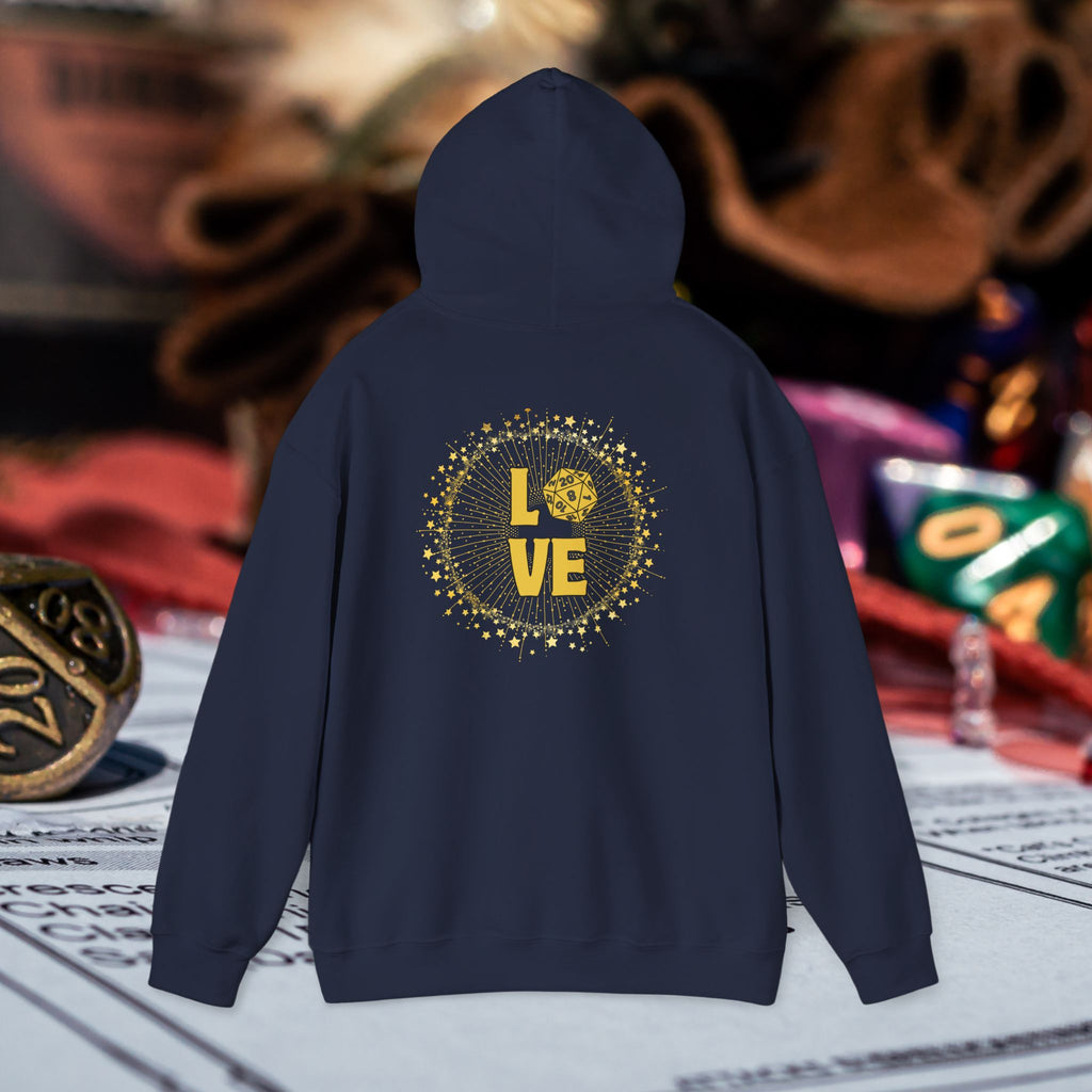 LOVE D20 Hoodie — Gold Glitter Dice Heart Gamer Gaming RPG Hooded Sweatshirt